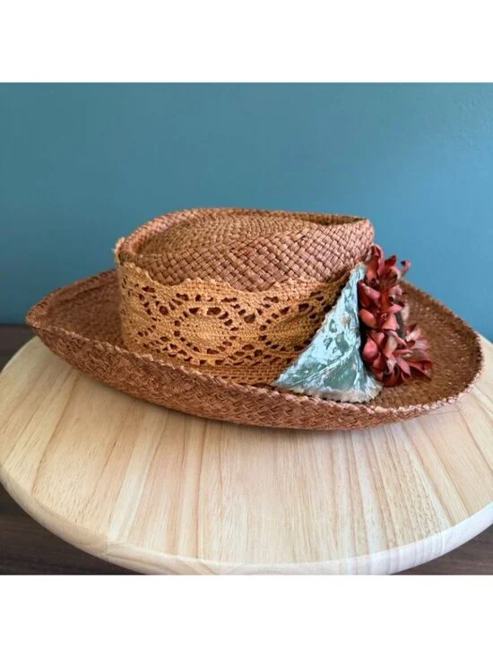Vintage 1990s Womens Woven Straw Hat W/ Crochet Band & Faux Sunflower 22.5" or L - Picture 2 of 10